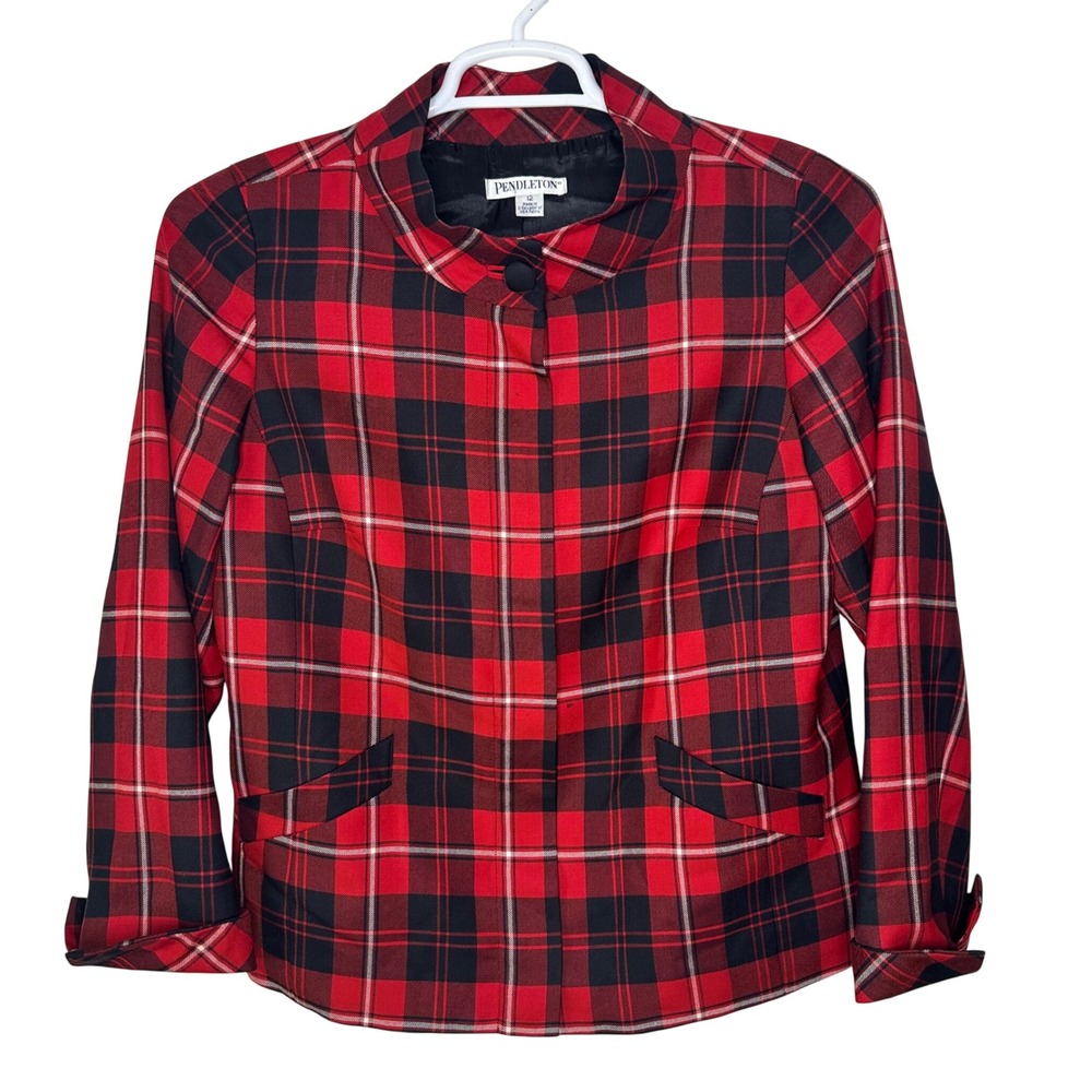 Pendleton Blazer Womens 12 Tartan Plaid Red Black Wool Blend Full Zip Academia